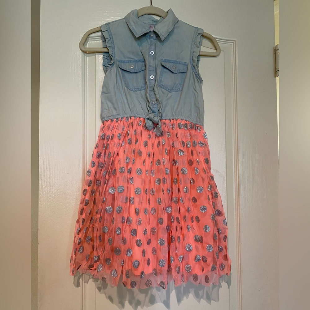 NWOT Justice denim blue peach Orange silver polka print pocket TuTu dress girls